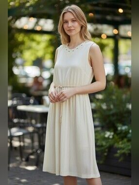 Vintage Cream Pleated Midi Dress | Embroidered Scalloped Neckline | Elastic Wais